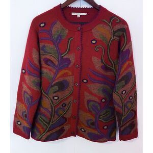 NWOT The‎ Alpaca Collection Peru Knitted Embroidered Red Multi Cardigan sz Med